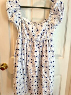 White Dress with Blue Floral Print